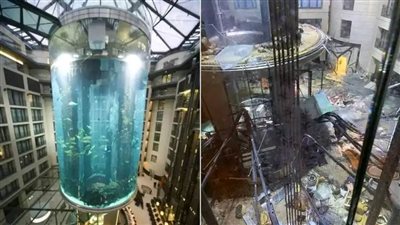 انفجار أضخم حوض أسماك بالعالم يحتوي على ١٥٠٠ سمكة استوائية