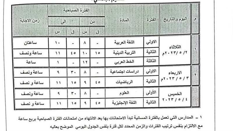 جدول امتحانات الفصل