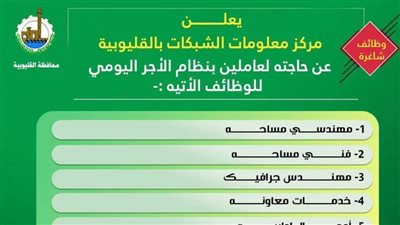 القليوبية تعلن وظائف خالية بمركز معلومات الشبكات الأرضية 