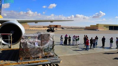 على متن الطائرة الإغاثية السعودية السابعة 35 طنًا من المواد الغذائية تصل مطار العريش لنقلها إلى غزة