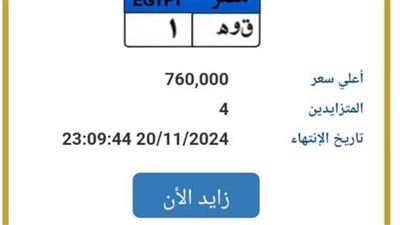 «ق و ه - 1» بـ760 ألف جنيه.. مزاد مشتعل على لوحات السيارات المميزة
