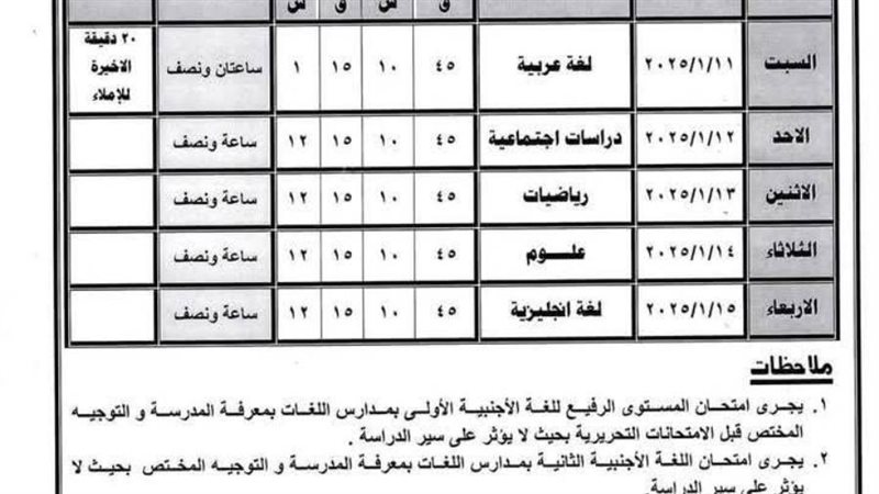 جدول امتحانات الفصل