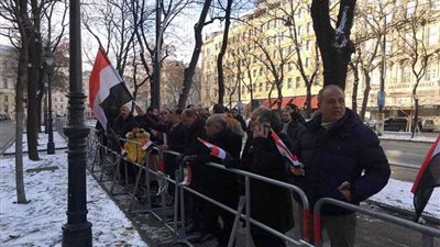 بالأعلام والأغانى الوطنية ..الجالية المصرية بالنمسا تحتفل بزيارة السيسي 