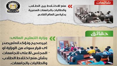 التعليم العالي: لا صحة لفصل الطلاب عن الطالبات بالمدرجات