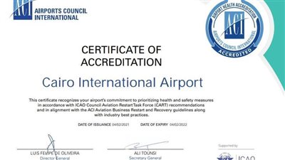 مطار القاهرة يحصل على شهادة الاعتماد الصحي من مجلس المطارات الدولي ACI 