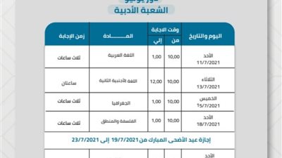 جداول امتحانات الثانوية العامة للشعبة الأدبية 2021