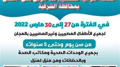 الانتهاء من تطعيم مليون و255 ألف طفل بالحملة القومية للتطعيم ضد مرض شلل الأطفال بالشرقية 