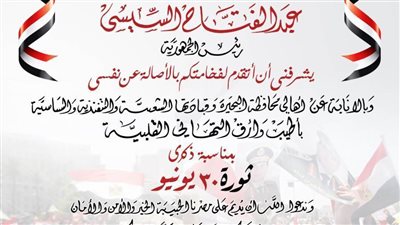 محافظ البحيرة يهنئ الرئيس السيسي بمناسبة ذكرى ثورة ٣٠ يونيو المجيدة