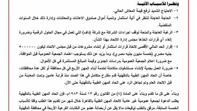 المهن الطبية بالدقهلية يدعو لجمعية عمومية طارئة لمناقشة استثمار المعاشات