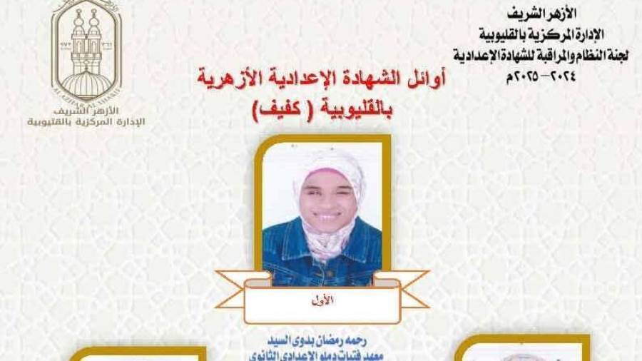 بالأسماء.. ننشر أوائل الشهادة الإعدادية الأزهرية بالقليوبية بالأسماء.. ننشر أوائل الشهادة الإعدادية الأزهرية بالقليوبية