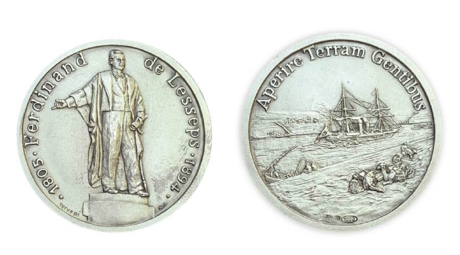 ميدالية فرنسية 1994 تخليدا لذكرى 100 عام على وفاة ديليسبس والوجه الآخر مشهد لقناة السويس القديمة