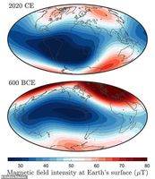 مقارنة بين المجال المغنطيسي الأرضي الحالي"أعلى" ونظير قديم محتمل عند 600 قبل الميلاد "أسفل"