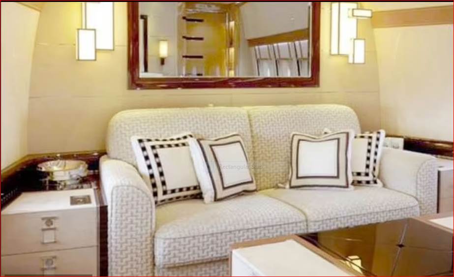 إن الجزء الداخلي للطائرة ، التي تم تزيينها من قبل شركة التصميم الداخلي الفرنسي الشهيرة Alberto Pinto Cabinet ، مليئة بالأجنحة المزخرفة والغرف والقاعات وغرف الطعام