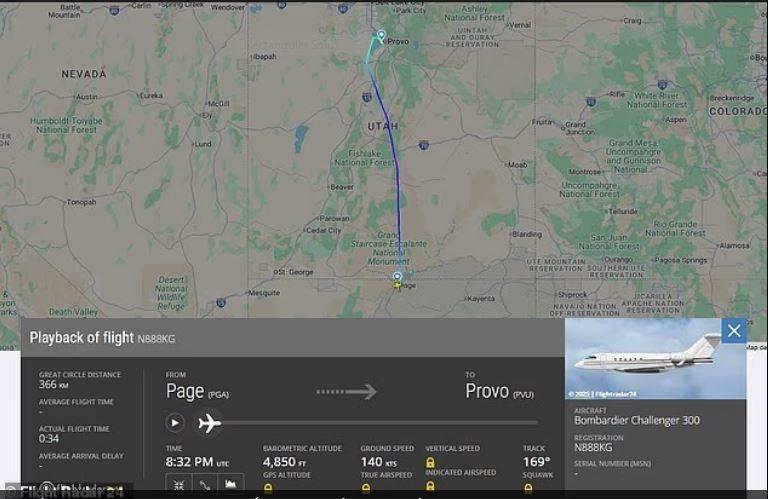 أكدت بيانات تتبع الطيران الجدول الزمني ، حيث أظهرت الطائرة مغادرة يوتا ، متجهة جنوبًا نحو حدود أريزونا ، وتختفي مؤقتًا من الرادار العام ، ثم تعود إلى بروفو بعد حوالي ساعة.