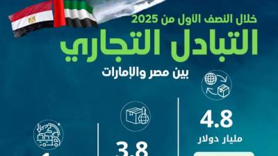 الإحصاء : 153.3 % ارتفاعًا في حجم الصادرات المصرية  إلى الإمارات خلال النصف الأول من عام 2025